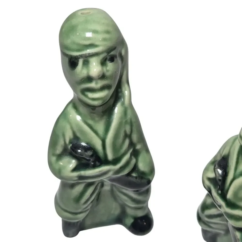 Vintage MCM Green Pirate Salt & Pepper Shakers Ceramic Figural Pair